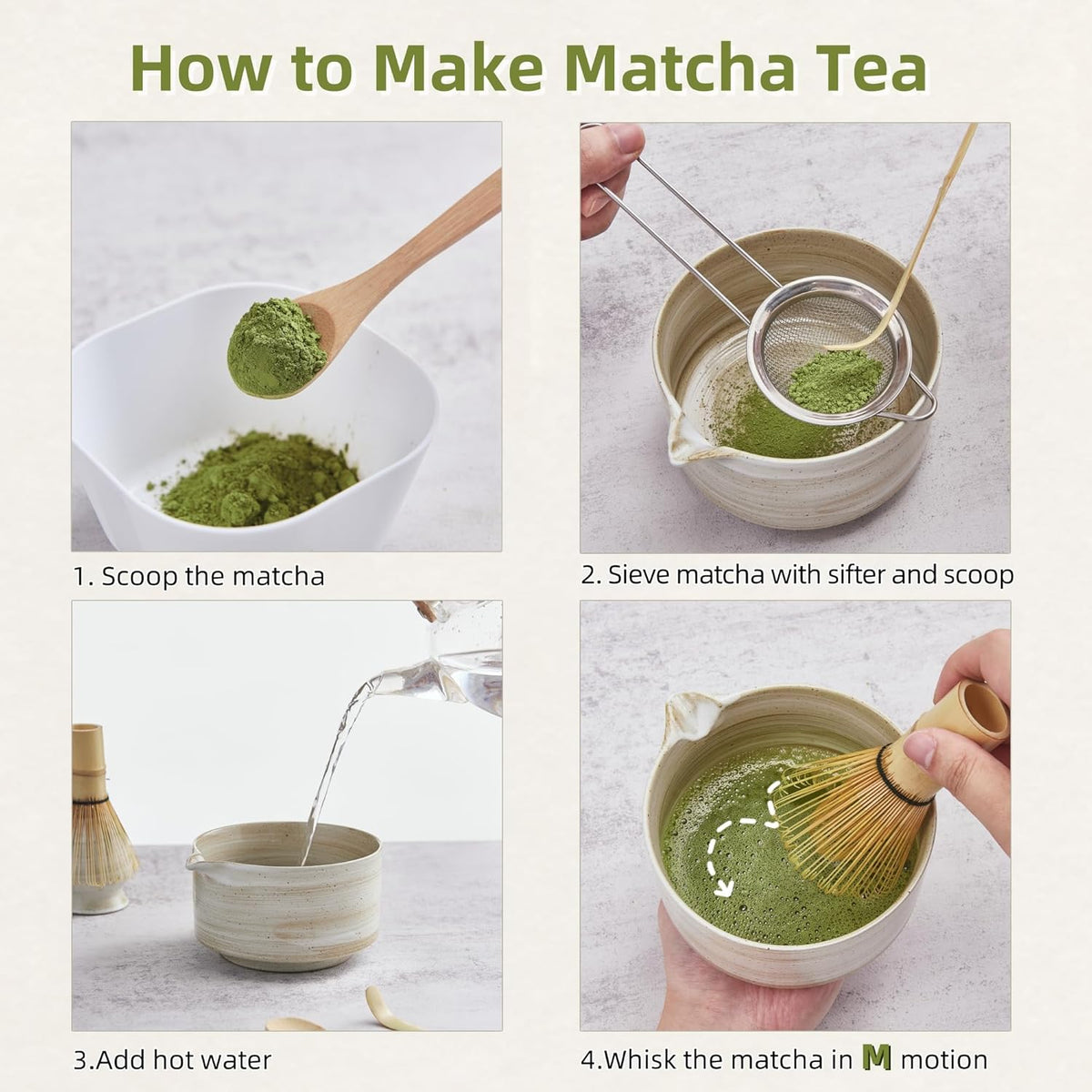 Matcha Whisk Set, Ceramic Matcha Set with Bowl, Matcha Whisk and Holder, Sifter, Bamboo Spoon, Scoop, 6Pcs Ceremony Matcha Kit for Tea Lovers Making Breakfast/Latte