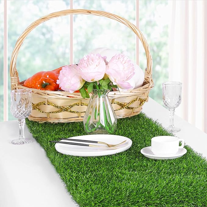 Ruisita Artificial Grass Table Runners 12 x 120 Inch Synthetic Grass Table Runners Grass Rug Table Decorations for Spring Summer, Wedding, Baby Shower, Party Decor