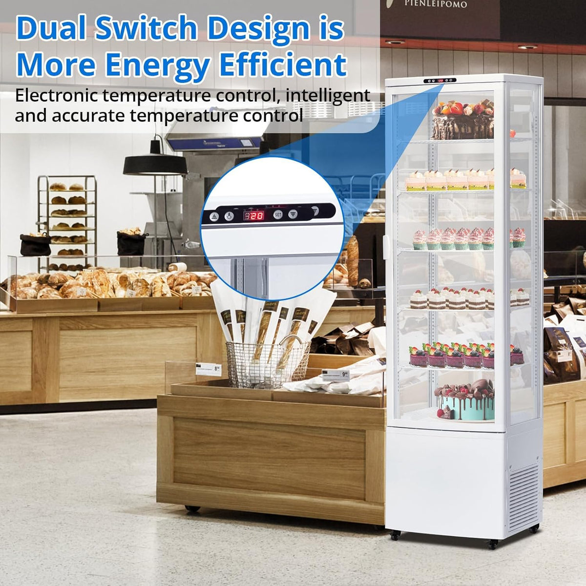10.5 Cu.Ft Refrigerated Display Case, Floor-Standing Display Refrigerator with LED Light and Adjustable Shelves, Commercial Display Fridge with Casters for Cakes, Coffee, Bakery, Supermarkets, Store