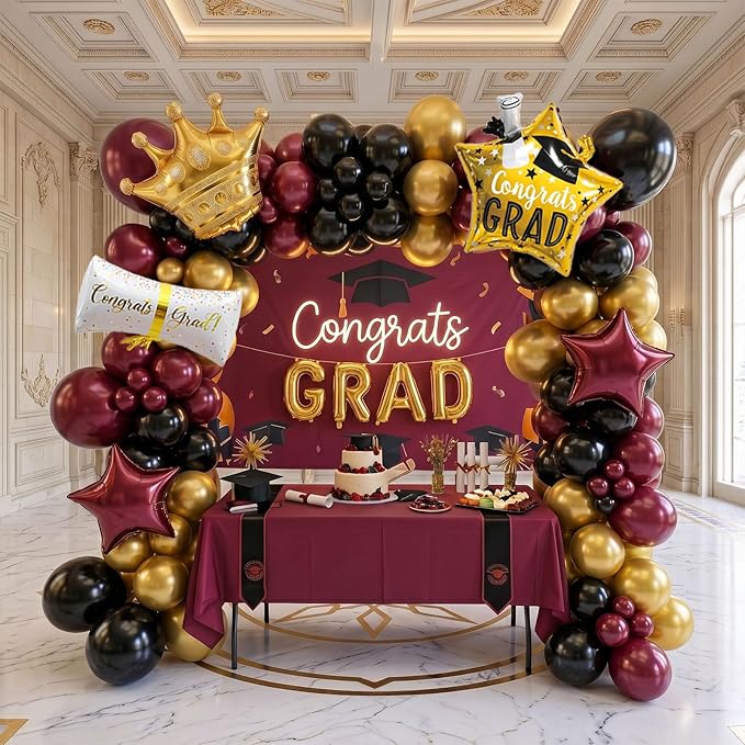 Elegant Burgundy Black Gold Graduation Balloon Garland Kit with foil graduation caps diplomas GRAD letters wine red stars and crowns Balloons for Maroon Class of 2026 Graduates Party Decorations