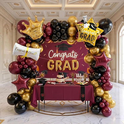 Elegant Burgundy Black Gold Graduation Balloon Garland Kit with foil graduation caps diplomas GRAD letters wine red stars and crowns Balloons for Maroon Class of 2026 Graduates Party Decorations
