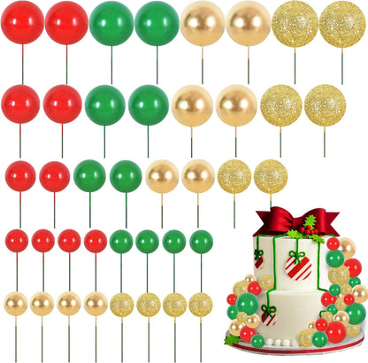 BEISHIDA 40 Pcs Ball Cake Toppers Mini Balls Cake Decorations Red Green Gold Silver Sticks Foam Balls DIY Cake Topper Insert Balls Cake Decorations for Baking Christmas Party Decorations