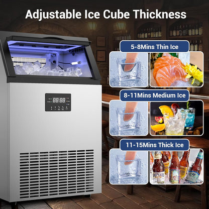 Commercial Ice Maker Machine 165Lbs/24H Stainless Steel Under Counter Ice Machine with 45lbs Ice Storage Capacity, Freestanding Ice Maker
