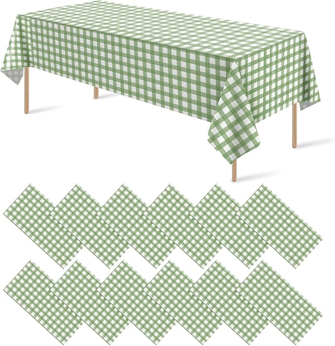 12Pack Sage Green Plastic Checkered Tablecloth, Premium Decorative Disposable Sage Green Gingham Plaid Table Cloths for Parties, Rectangle Party Table Cover for Picnic Birthday Wedding, 54x108 Inch