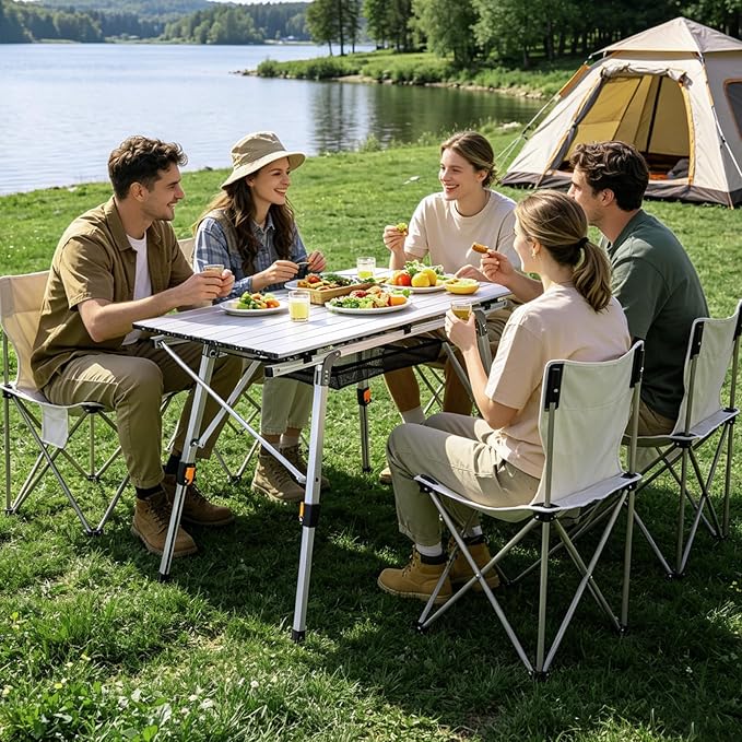 JOUYEK Folding Outdoor Camping Table with Adjustable Legs, Lightweight Aluminum Roll Up Camp Table with Carrying Bag, Mesh Storage Organizer, for Cooking, Picnic, Beach, Backyards, BBQ, Party