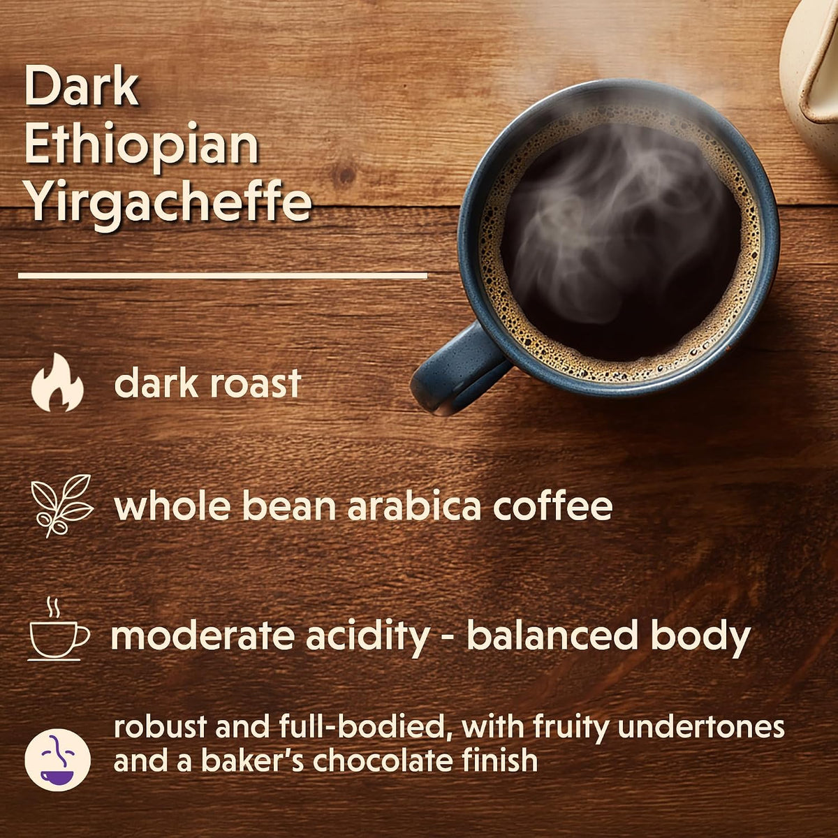Coffee Bean Direct Dark Ethiopian Yirgacheffe, Whole Bean, 2.5lb Bag | Dark Roast, Single Origin Arabica Coffee Beans