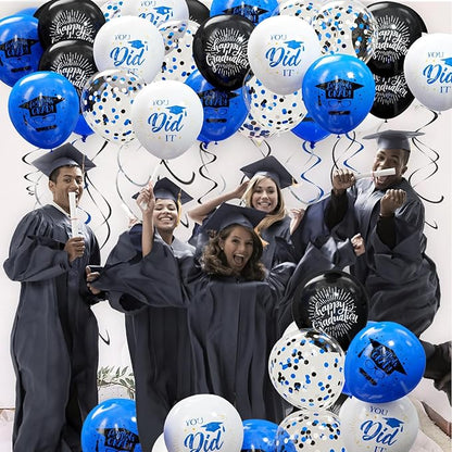 75 Pack Graduation Party Decorations Balloons Set - 12 Inch Black Blue Confetti Graduation Balloons with Ribbons for Grad Party Decoration Supplies