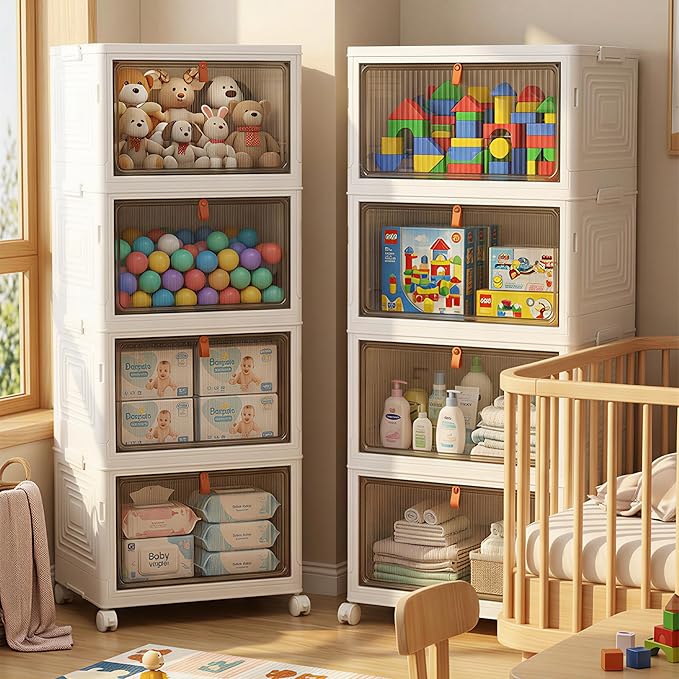 LDQ 4 Tier 136QT Foldable Storage Bins with Lids, Stackable Plastic Organizer Cabinet with Wheels, Multi-Purpose Containers for Living Room, Bathroom, Office & Dorm