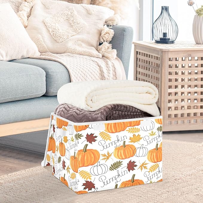 Large Collapsible Storage Bins with Lids, Pumpkin Leaf Fall Autumn Storage Baskets Organizer Containers with Handles for Clothes