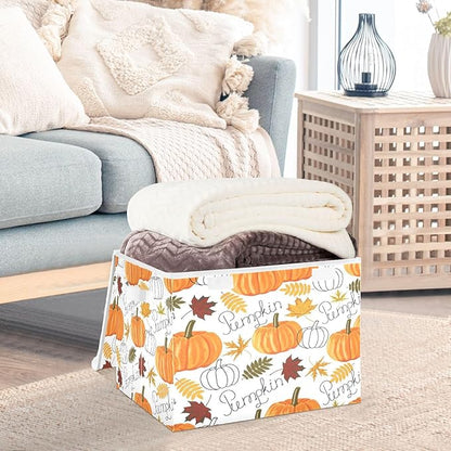 Large Collapsible Storage Bins with Lids, Pumpkin Leaf Fall Autumn Storage Baskets Organizer Containers with Handles for Clothes
