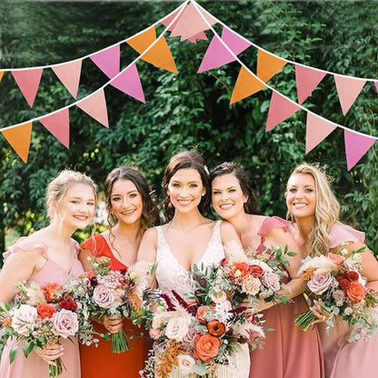 Zwiebeco 39Ft Orange Pink Fabric Bunting Banner Triangle Flags Party Decorations Hanging Cotton Garland Pennant for Engagement Wedding Baby Shower Birthday Festivals Nursery Home Outdoor Garden