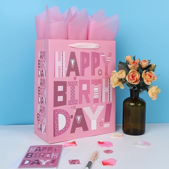 wishinside 13'' Large Happy Birthday Gift Bag Set with Handles, Greeting Card, Pink Tissue Papers and Stickers for Women Girls Kids Teens, Cartoon Design, 1 Pcs