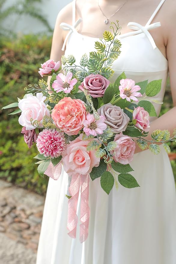 Artificial Flowers Combo Dusty Pink Silk Fake Flower for DIY Wedding Bridal Bouquets Floral Arrangement Birthday Cake Table Centerpieces Baby Shower Graduation Ceremony Party Home Decor