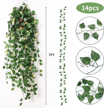 CEWOR 14 Pack 98ft Fake Ivy Vines, Artificial Ivy Garland with 100 LED String Lights, Hanging Plants Greenery Backdrop Green Leaves for Bedroom Room Wall Decor Wedding Party Table Decoration