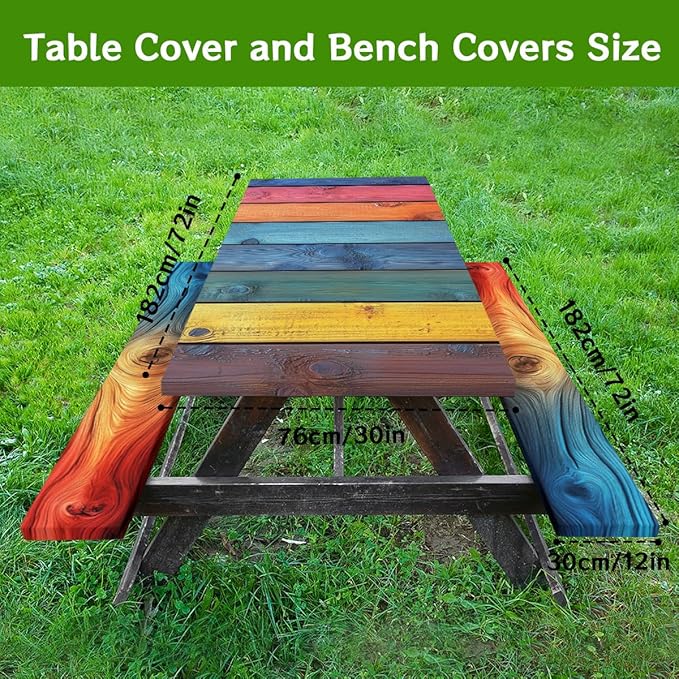 Wood Grain Picnic Table Cover with Bench Covers and Carrying Bag, Rustic Vintage Colorful Rainbow Stripes Rectangle Table Cover, Outdoor Patio Camping Essentials 6FT 4PCS, Camping Fitted Tablecloth