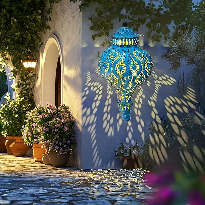 Moroccan Solar Lanterns Outdoor Waterproof Blue Hanging Lanterns Outdoor Ramadan Garden Decor Gardening Gifts for Women Mom Grandma Solar Lights for Patio, Pathway, Yard, Porch, Backyard.