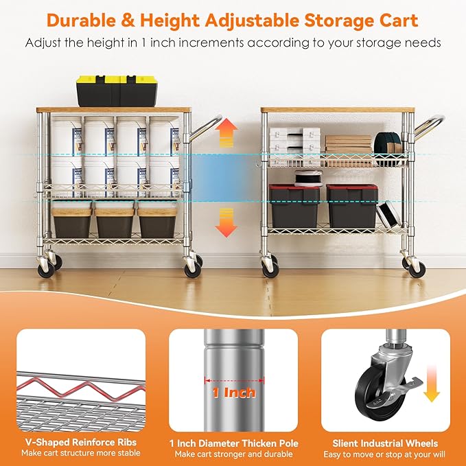 3 Tier Rolling Kitchen Carts on Wheels with Storage,650Lbs Heavy Duty Utility Carts with Wheels,Kitchen Island with Wood Tabletop,Metal Serving Rolling Cart for Small Appliance Food Cart,Wood+Metal