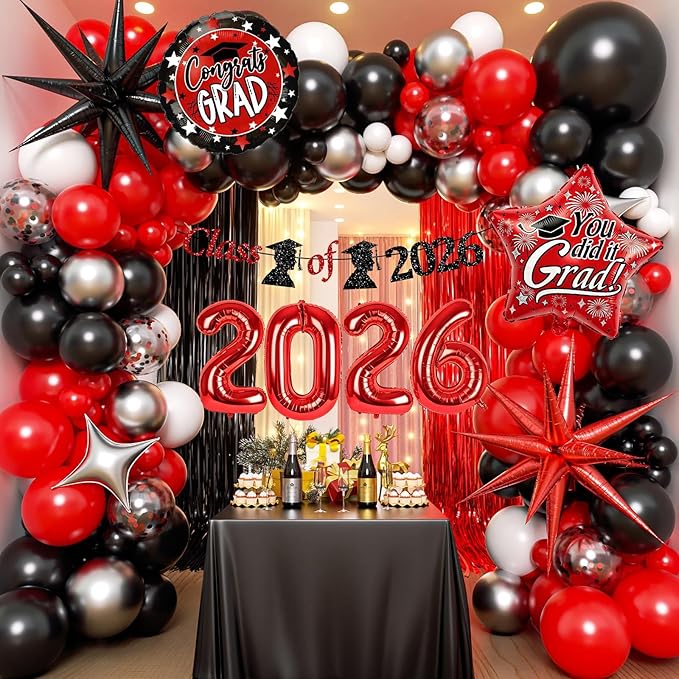 Red and Black Graduation Decorations with Fringe Curtain Banner Metallic Silver Confetti Black Red White Balloons for Graduation Decorations 2026
