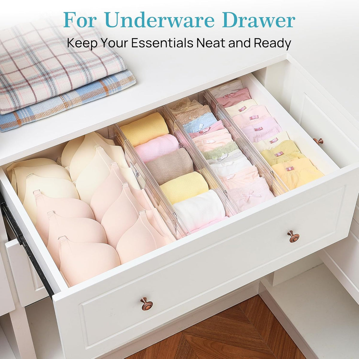 Vtopmart 12 Pack 4" Regular Upgrade Drawer Dividers for Clothes, 12.8"-22.3" Expandable Dresser Drawer Organizer, Clear Plastic Separators for Dresser, Baby Clothing, Underwear, Cosmetic, Toiletries