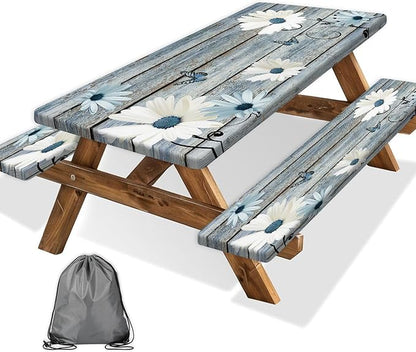 Rustic Daisy Picnic Table Cover with Bench Covers, Waterproof Farmhouse Vintage Floral on Wooden Board Blue Flower Tablecloth for Camping Indoor Outdoor Party Decorations, 30X60in