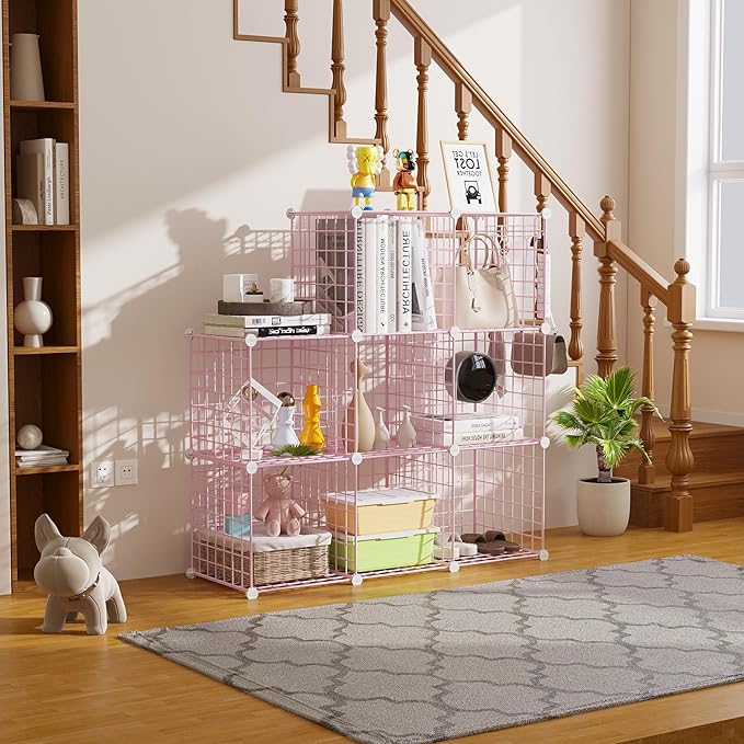 C&AHOME Wire Cube Storage, 8 - Cube Organizer Metal C Grids, Modular Shelves Units, Closet Organizer, Ideal for Home, Office, Living Room, 24.8" L x 12.4" W x 48.4" H, Pink UWCS3008P
