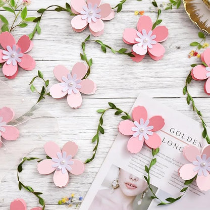 3D Cherry Blossom Flower Garland (2PCS) Flower Banner Pink Paper Cherry Flower Garland for Spring Garden Party Wedding Backdrop Arch Decor