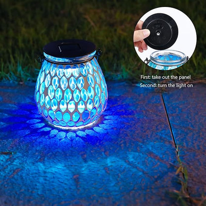 Bshine Mosaic Solar Lantern Outdoor Hanging Waterproof, Blue Mosaic Light Indoor Decorative Table, Garden Decor for Yard Outside, Path, Courtyard, Lawn, Birthday Gift for Mom Women Gardening, Antique