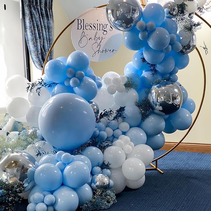 Jobkoo Blue White Balloon Arch Kit Baby Blue White Silver Balloon Garland 4D Silver Foil Balloons Pastel Light Blue Silver Latex Balloons Christening Boy Birthday Baby Shower Party Decorations QQ-113