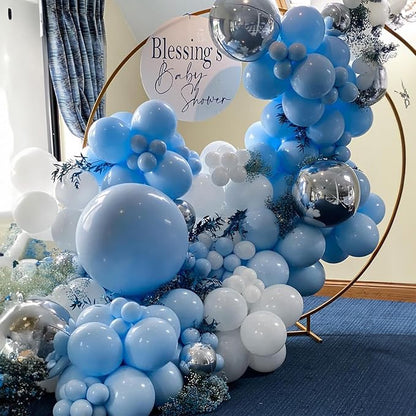 Jobkoo Blue White Balloon Arch Kit Baby Blue White Silver Balloon Garland 4D Silver Foil Balloons Pastel Light Blue Silver Latex Balloons Christening Boy Birthday Baby Shower Party Decorations QQ-113