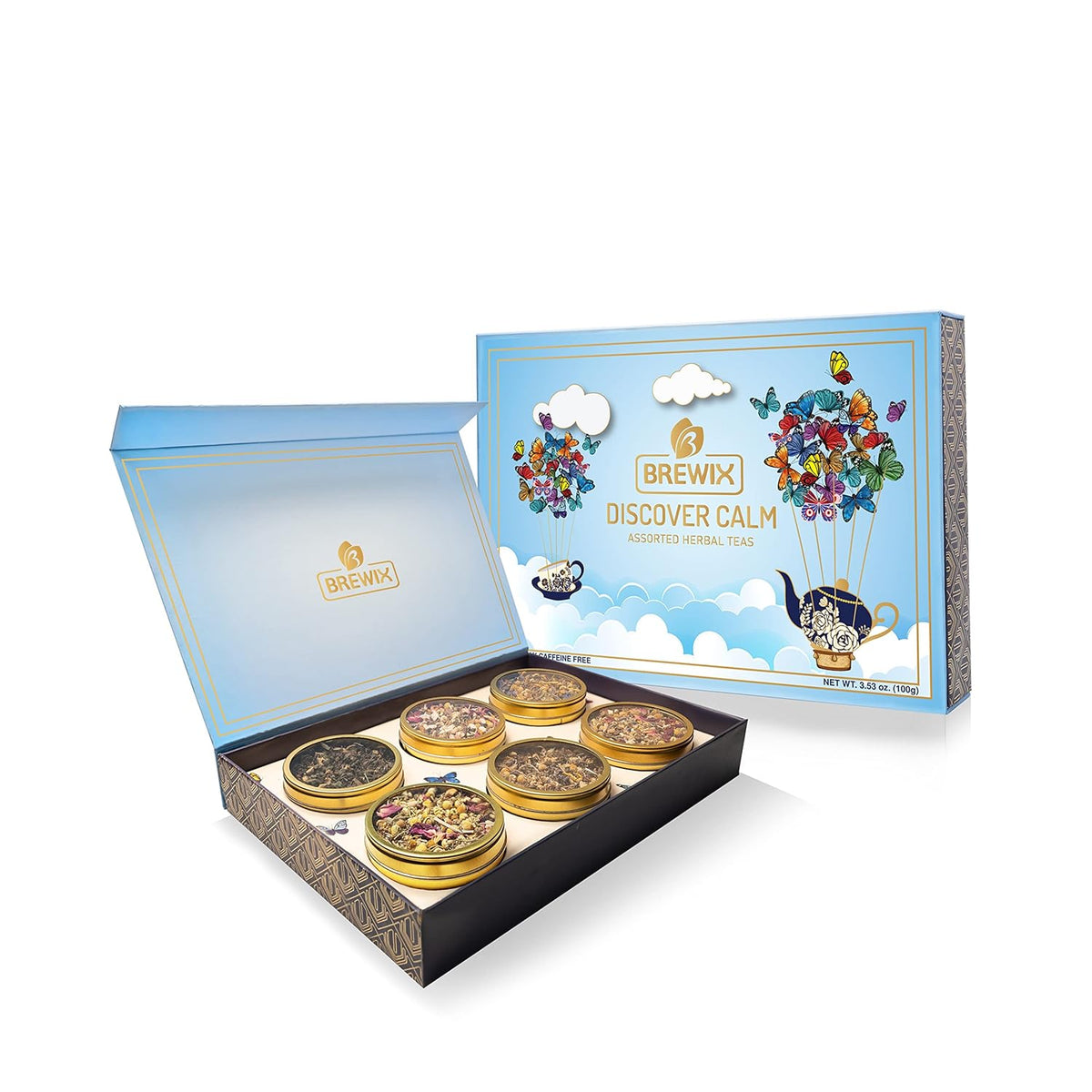 Brewix, Discover Calm Premium Herbal Tea Christmas Gift Box (3.53oz/50+ Cups), Tea Gift Sets For Tea Lover, 6 Unique Herbal Teas, Best for Birthdays
