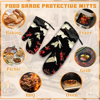 Japanese Crane Oven Mitts and Pot Holders Set,Cherry Blossom Kitchen Decor Heat Resistant Non Slip Hot Pads and Oven Mitt for Chef Cooking Baking BBQ Mom Girl Gifts(4 Piece Set)