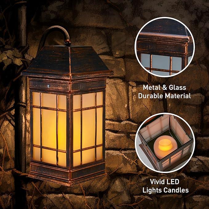 15.5" Solar Lantern Outdoor Waterproof, Glass Flickering Flame Solar Lanterns, Hanging Metal Lantern Decorative for Patio Front Porch Garden Backyard Tabletop Party Decoration