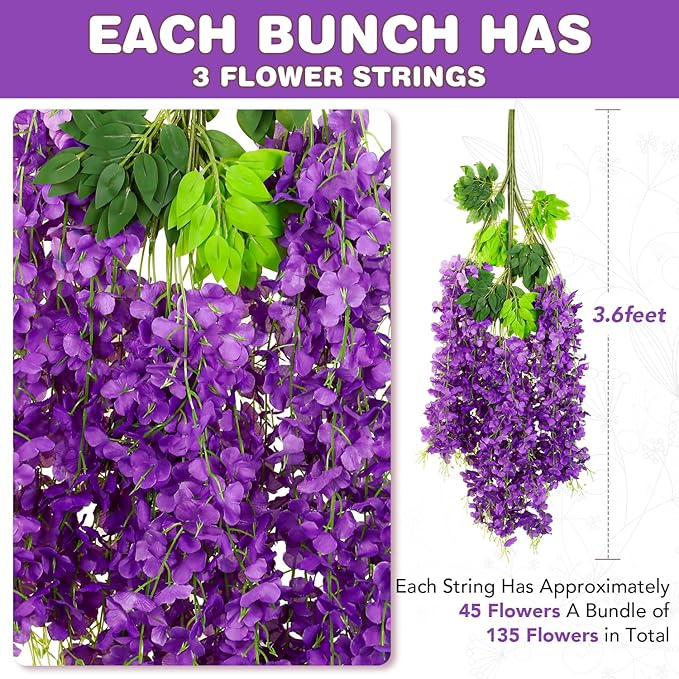 Alotiki Wisteria Hanging Flowers,36 Pack Fake Hanging Flowers,Wisteria Artificiales Garland for Home Wedding Arch Floral Party Garden Ceremony Outdoor Decor,3.6 Feet Long(36,Purple)
