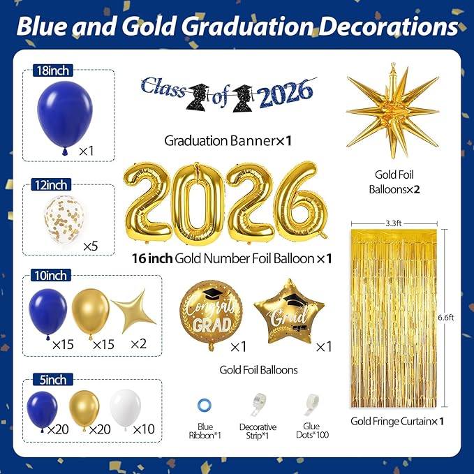 Blue and Gold Graduation Decorations 2026 with Fringe Curtain Banner Metallic Gold Confetti Royal Blue White Balloons for Graduation Decorations 2026