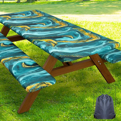 Smiry Picnic Table Cover with Bench Covers, Waterproof Elastic Fitted Tablecloth for 5 Foot Tables, Washable Polyester Tablecloths for Camping, Indoor & Outdoor (Teal & Gold, 30x60 Inch 3-pc Set)