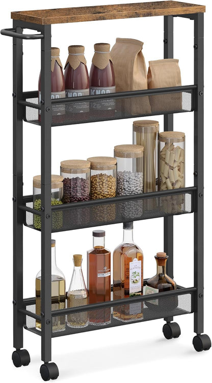 VASAGLE Slim Rolling Cart, 4-Tier Narrow Storage Cart with Handle, 5.1 Inches Deep, Metal Frame, for Kitchen, Dining Room, Living Room, Home Office, Rustic Brown and Classic Black ULRC032B01V1
