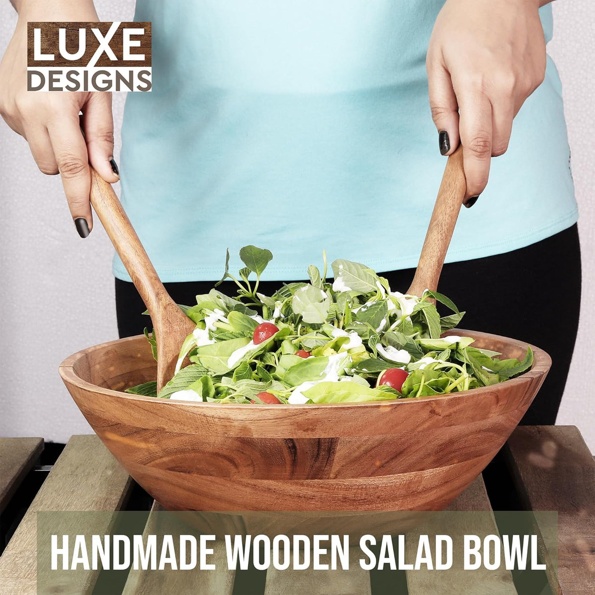Luxe Designs Wooden Salad Bowl Set - Food Safe & Sustainable Decorative Bowl - Wood Bowl for Fruits, & Salads