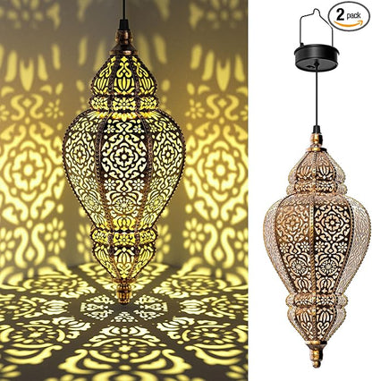 Hapjoy Moroccan Hanging Solar Lights Outdoor Lantern Bidirectional Availabili Garden Decor Waterproof Plastic Gold Decorations for Patio Pathway Yard Backyard Solar Powered Garden Decorative (2, gold)