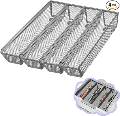 4PCS Drawer Organizer for Kitchen,Utensil Mesh Drawer Organizer with Interlocking Arm for Cosmetic,Flatware,Pen (12 * 3 * 2 Inches,Grey)