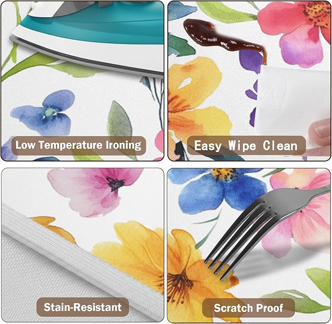Spring Summer Floral Round Fitted Tablecloth with Elastic Watercolor Flower Outdoor Circle Table Cloth for 48-52" Tables Colorful Stretch Waterproof Washable Table Cover for Picnic Dining Party Decor