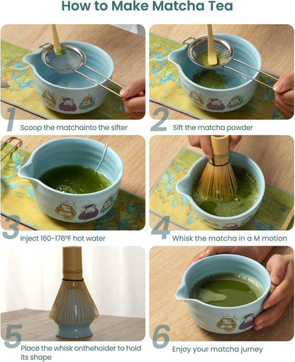 Matcha Whisk Set, Ceramic Matcha Set Includes Matcha Bowl, Matcha Whisk and Holder, Bamboo Scoop, Scoop Rest, Sifter and Tea Towel - 7 Pcs Matcha Kit(Blue)