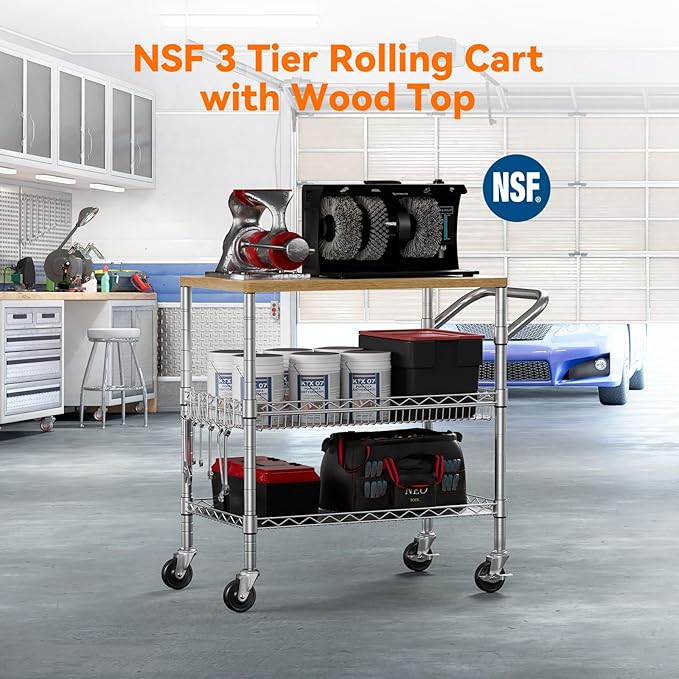 3 Tier Rolling Kitchen Carts on Wheels with Storage,650Lbs Heavy Duty Utility Carts with Wheels,Kitchen Island with Wood Tabletop,Metal Serving Rolling Cart for Small Appliance Food Cart,Wood+Metal