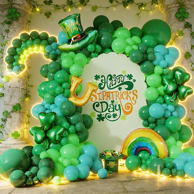 160Pcs St Patricks Day Green Balloons Arch Garland Kit with Lucky Shamrock Clover/Hat/Rainbow/Horseshoe Jumbo foil balloons for Saint Patrick's Day Irish Festival Party Decorations