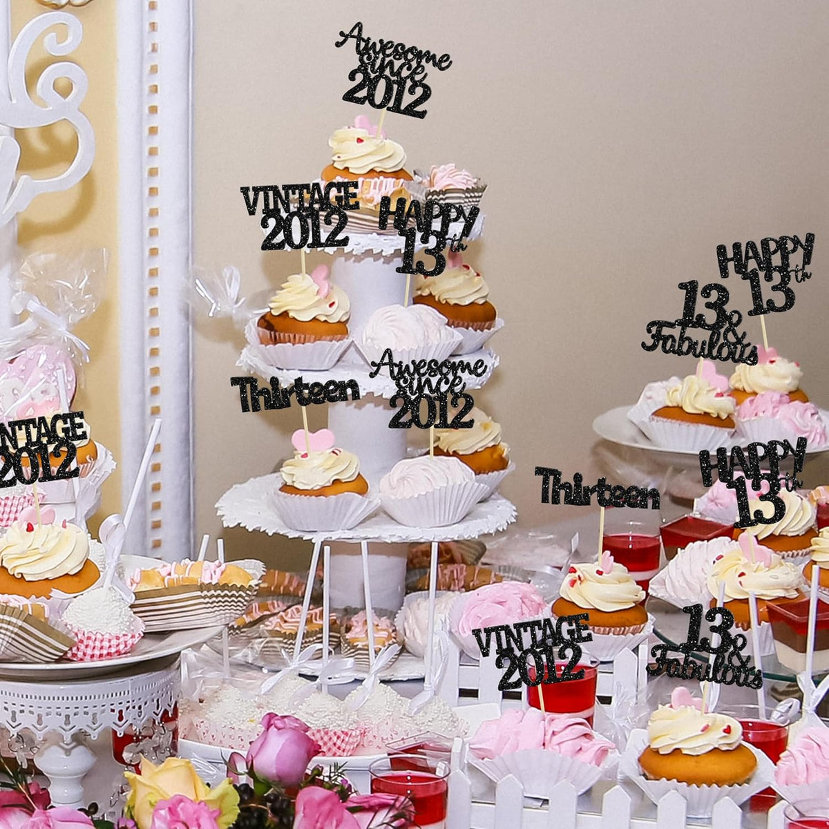Gyufise 30Pcs Vintage 2012 Cupcake Toppers Glitter Thirteen Happy 13th Cupcake Picks Happy 13th Birthday Cake Decorations for Happy 13th Birthday Anniversary Party Supplies Black