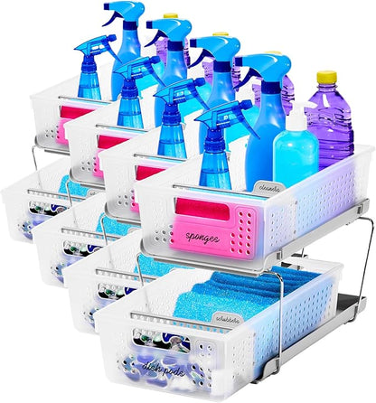 madesmart 2-Tier Organizer Slide-Out Baskets with Handles, Space Saving, Multi-Purpose Storage & BPA-Free, Large, Frost-with Dividers (Pack of 4)