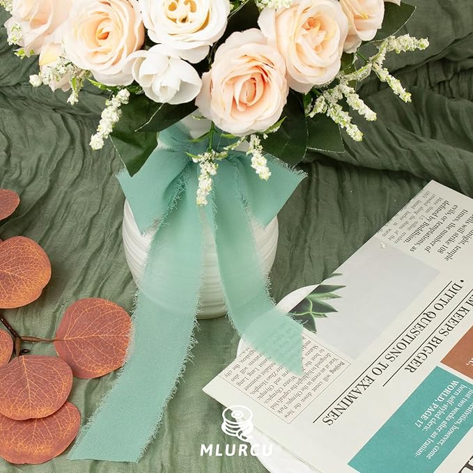 Dusty Green Chiffon Ribbon 1-1/2 Inch x 21Yards Handmade Fringe Silk Boho Frayed for Gift Wrapping, Wedding Invitation, Bridal Flower Bouquets