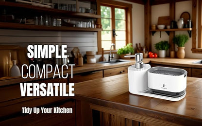 Automatic Dishwasher Soap Dispenser Set, Satisfying Squeeze Double Soap Pump, Premium Sponge Tray, Kitchen Sink Organizer, Instant Refill Soap Holder, 2 Minutes cleanup, Hand Pressed, Modern (Black)