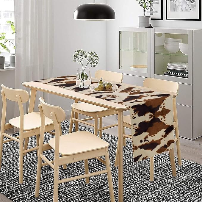 Cowhide Print Table Runner, Western Farm Animal Fur Wildlife Rustic Table Runner for Kitchen Farmhouse Dining Home Banquet Party 13x90in