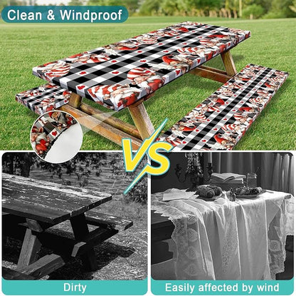 Valentine's Day Picnic Table Cover with Bench Covers, Camping Essentials, Valentines Decor Waterproof Windproof, Fitted Tablecloth Cover with Elastic Edge, Outdoor Table Covers, 3 PCS, 30x60 Inch