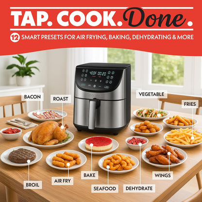 Gourmia Air Fryer Oven Digital Display 8 Quart Large AirFryer Cooker 12 Touch Cooking Presets, XL Air Fryer Basket 1700w Power Multifunction GAF856 Black and Stainless stainless steel air fryer
